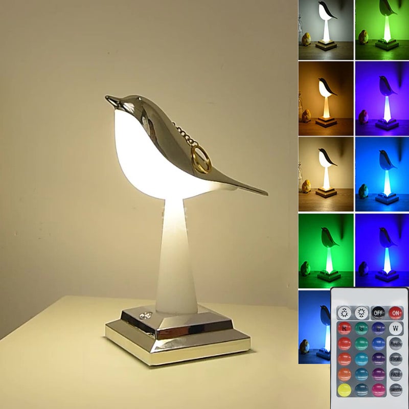 Ładowana przez USB lampka nocna LED z dotykowym włącznikiem, 3 temperatury kolorów i 24 regulowane kolory RGB, z pilotem (chromowana)