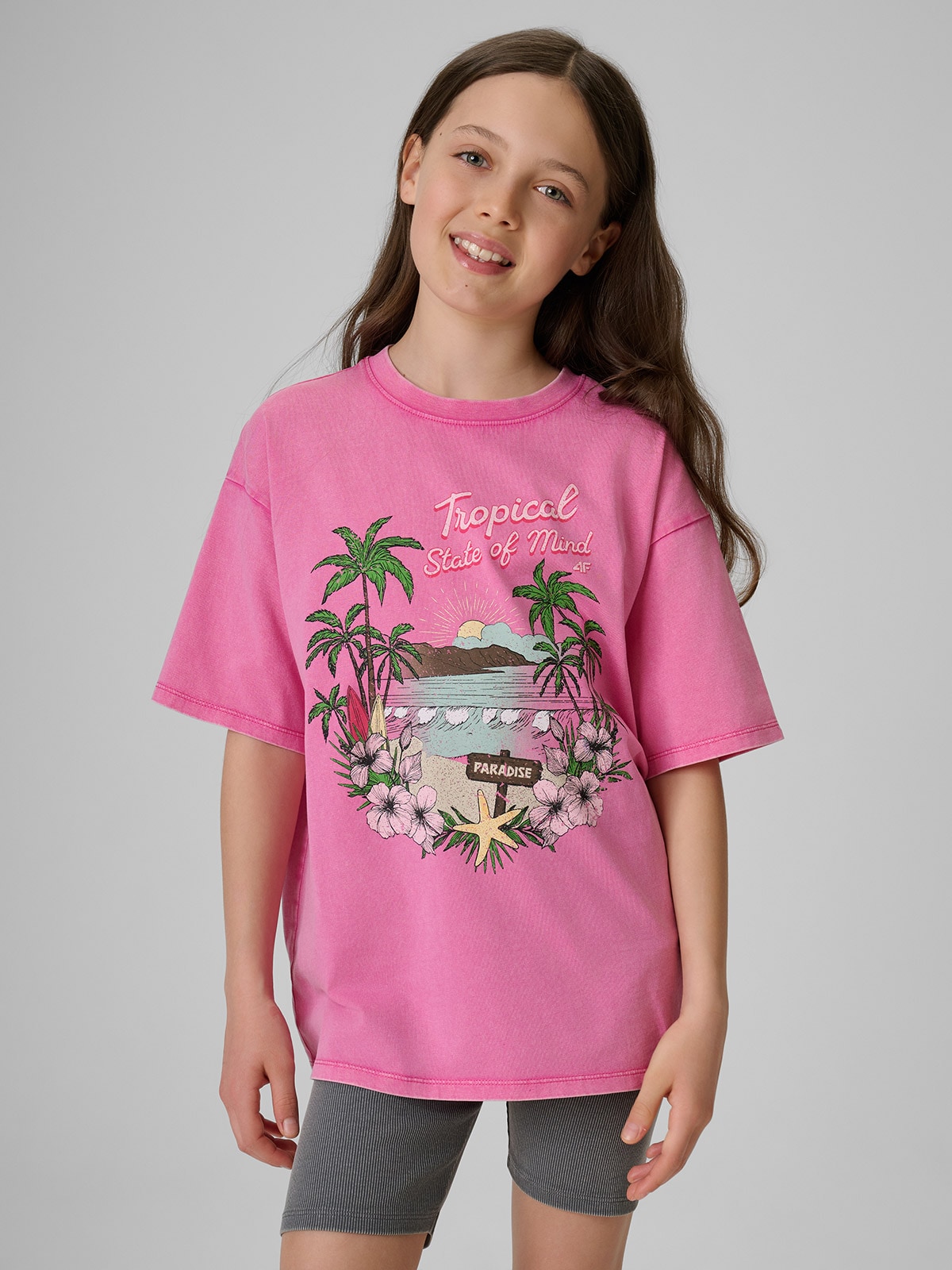4F T-shirt loose z nadrukiem dziewczęcy - różowy 158/164 (12-14 lat)