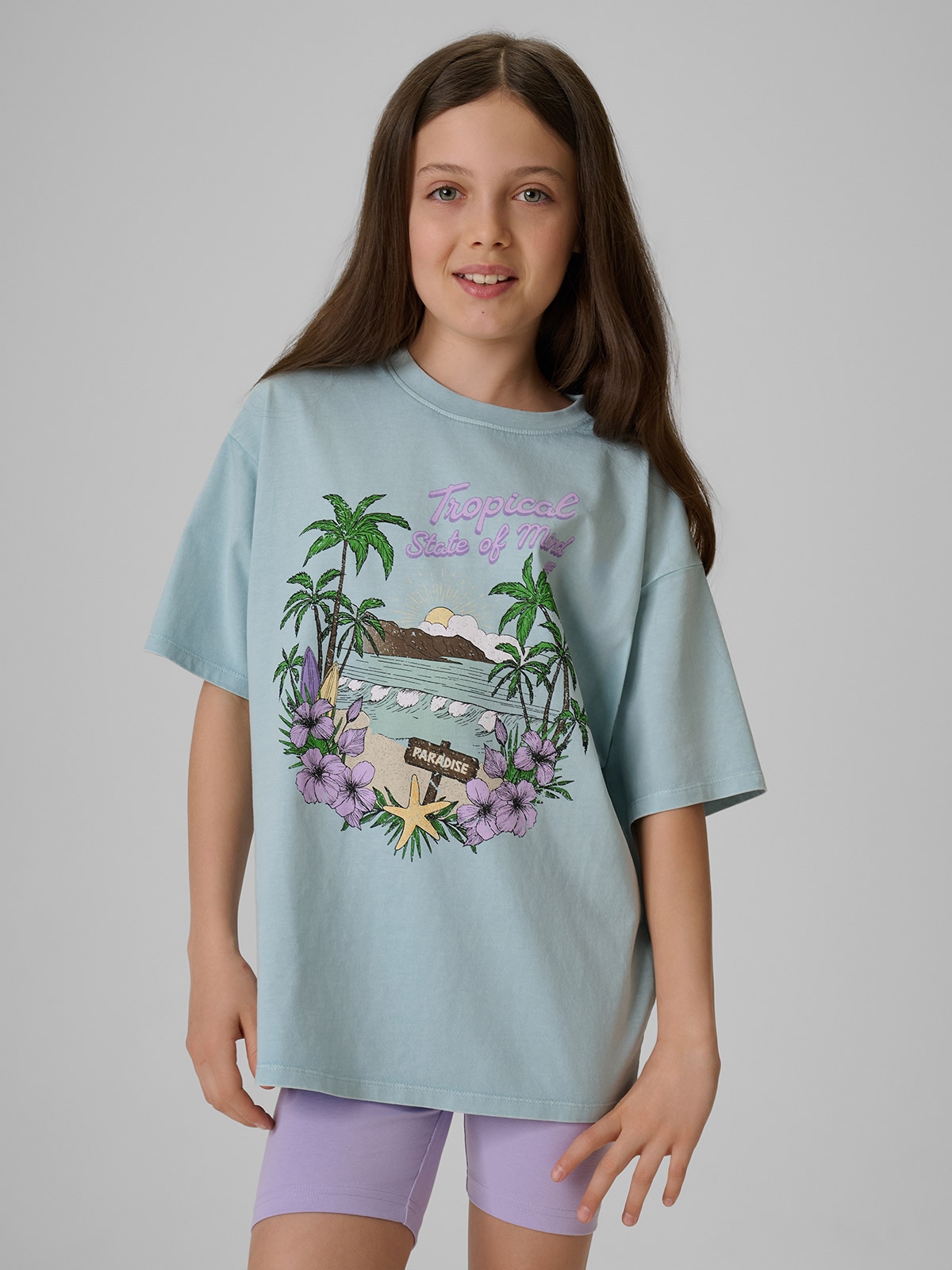 4F T-shirt loose z nadrukiem dziewczęcy - niebieski 158/164 (12-14 lat)