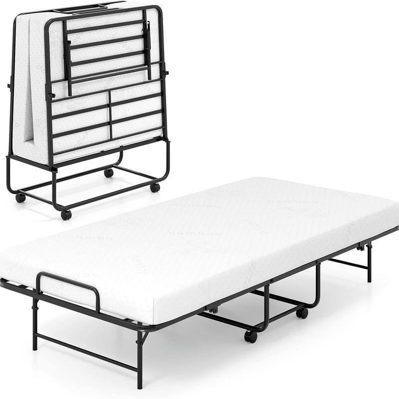 90 x 190 cm łóżko dla gości z materacem, składane łóżko pojedyncze, stabilne metalowe łóżko, obciążenie do 220 kg, składane łóżko na kółkach