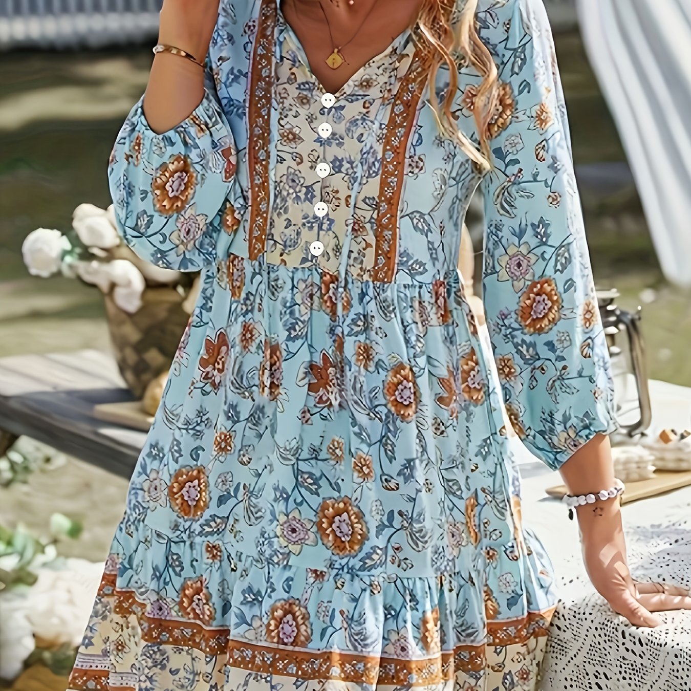TEMU Damska elegancka sukienka w hawajskim stylu boho na wakacje na plaży, letnio-jesienna, z tropikalnym nadrukiem, dekolt w serek z guzikami, strój