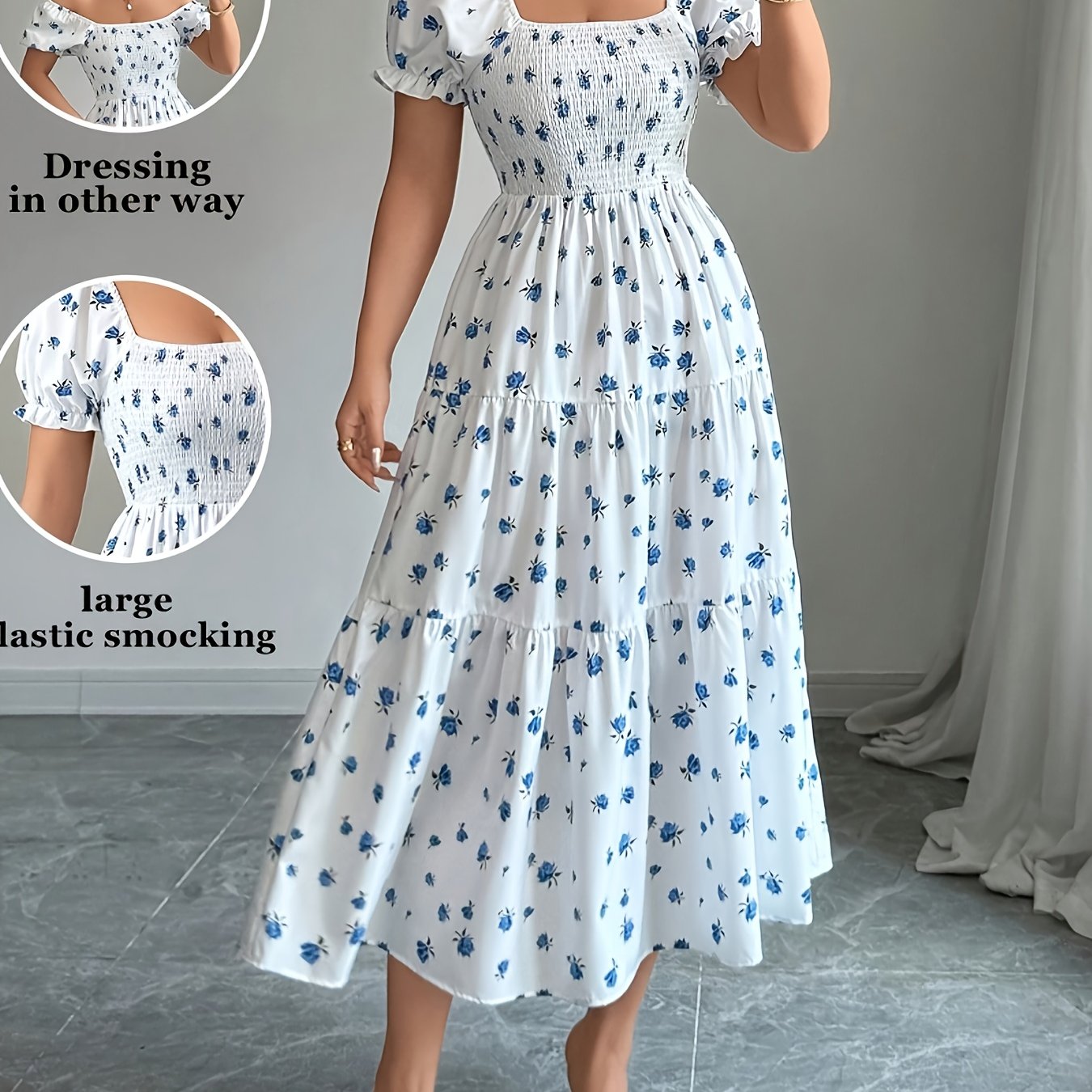TEMU Elegancka Sukienka Midi z Kwadratowym Dekoltem i Zaciśniętą Talii w Kwiatowy Wzór 502
