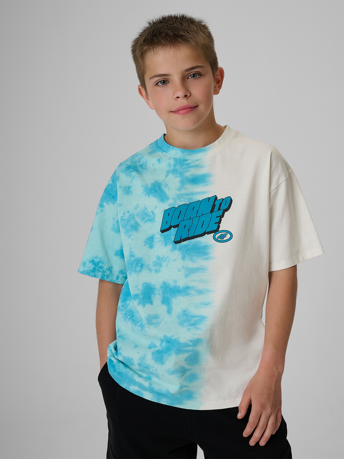 4F T-shirt loose z nadrukiem chłopięcy - turkusowy 158/164 (12-14 lat)