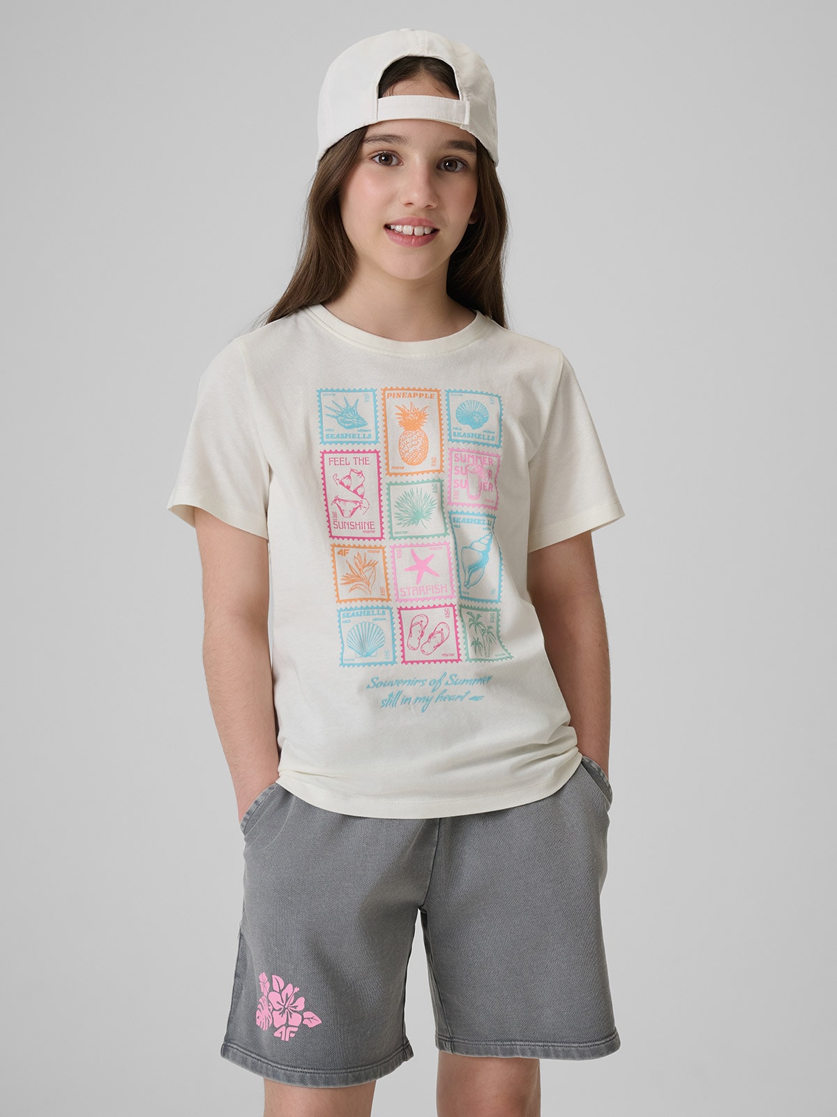 4F T-shirt regular z nadrukiem dziewczęcy - biały 164 (13-14 lat)