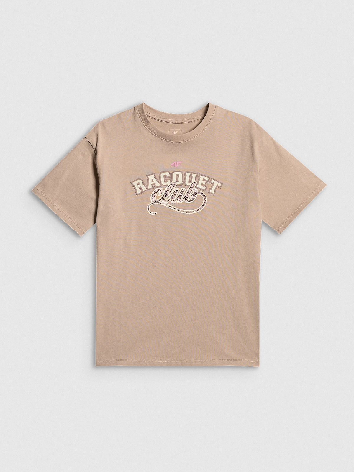 4F T-shirt oversize z nadrukiem dziewczęcy - beżowy 158/164 (12-14 lat)