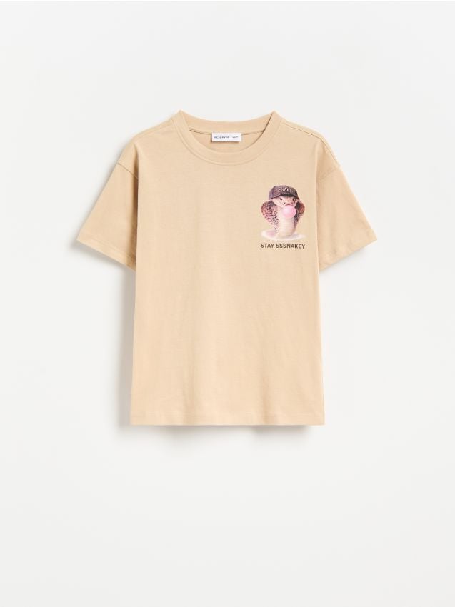 Reserved - Bawełniany t-shirt z nadrukiem - beżowy