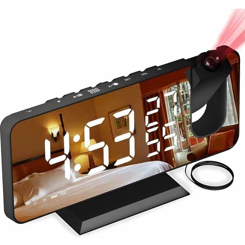 Vente chaude - Projektor z budzikiem, zegar cyfrowy, budzik USB z podwójnym alarmem i lusterkowym ekranem LED o wymiarach 7 (białe znaki)