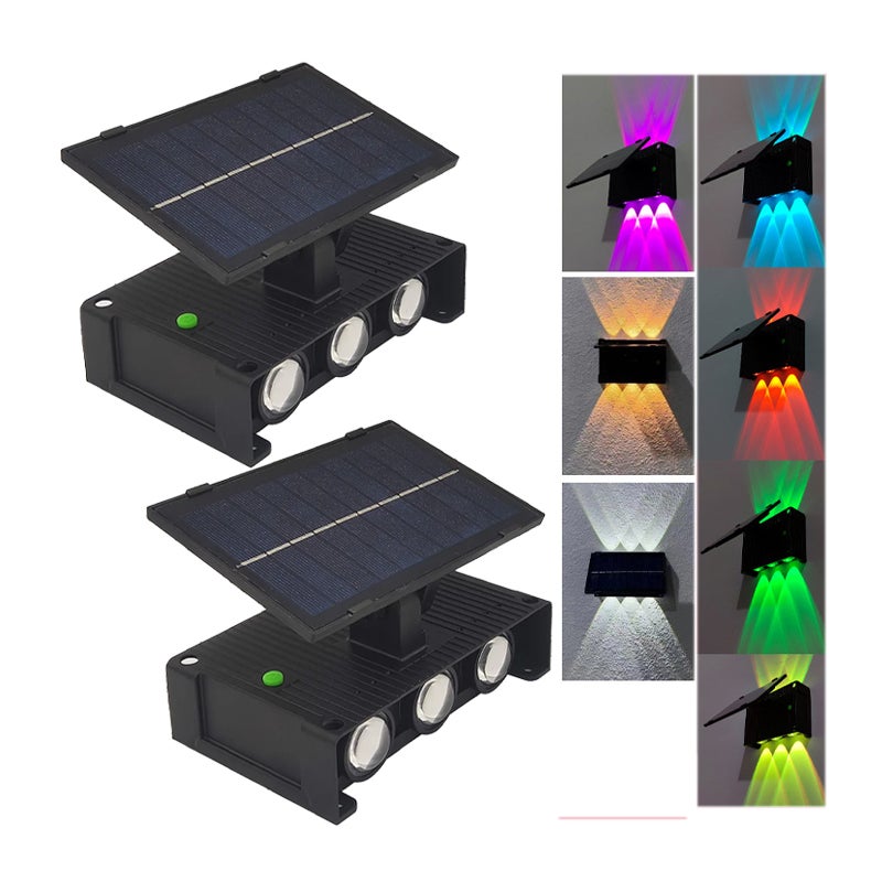 Zewnętrzna lampa ścienna solarna, zestaw 2 lamp solarnych górnych i dolnych, wodoodporne lampy solarne do ogrodu (ciepła biel, biel i RGB)