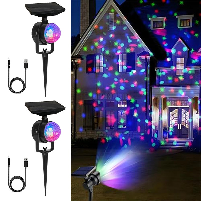 Zestaw 2 obracających się lamp solarnych z projekcją kolorów do użytku na zewnątrz, dekoracyjne lampy projektujące LED, światło w kolorze RGB.