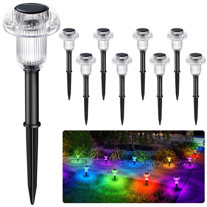 Zestaw 8 wodoodpornych lamp solarnych do użytku zewnętrznego, lampy solarne na paliku, lampy ścieżkowe, lampa słoneczna LED w kształcie grzyba, RGB