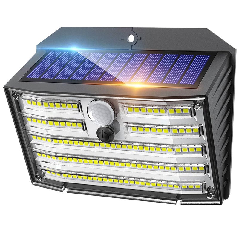 Zewnętrzne lampy solarne z 126 diodami LED z bezprzewodowym czujnikiem ruchu, wodoodporne światło bezpieczeństwa IP65, 3 tryby, kąt oświetlenia 270 °
