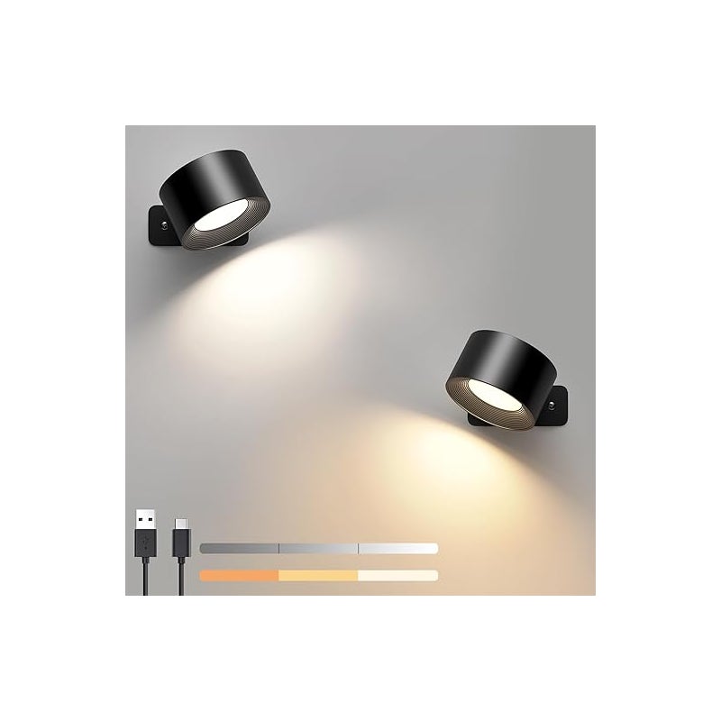 Zestaw 2 czarnych lamp ściennych LED z dotykowym włącznikiem, ładowanie przez USB, dotykowe sterowanie, 3 poziomy jasności, lampka nocna obracana o 36