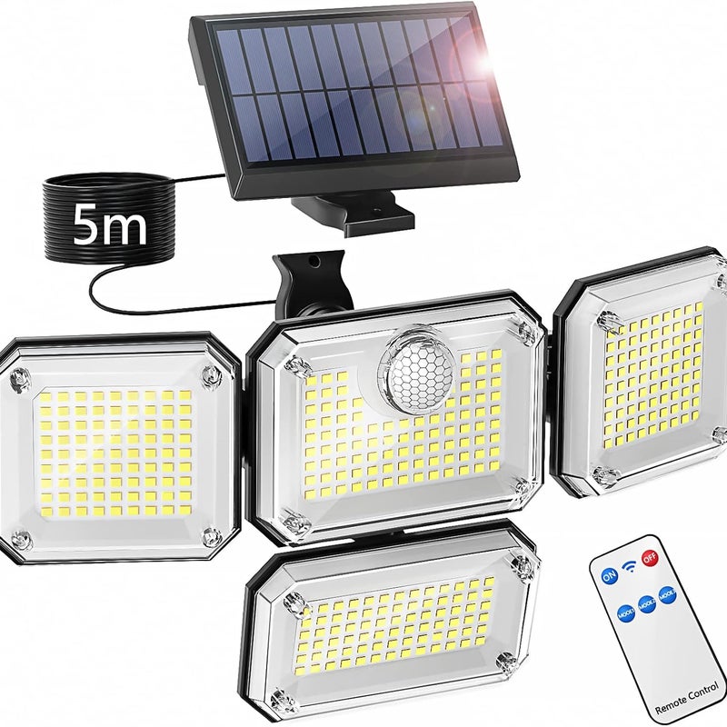 Zewnętrzna lampa solarna z czujnikiem ruchu, wodoodporny projektor LED bezpieczeństwa IP65, 3 tryby oświetlenia i 4 regulowane głowice oświetleniowe.