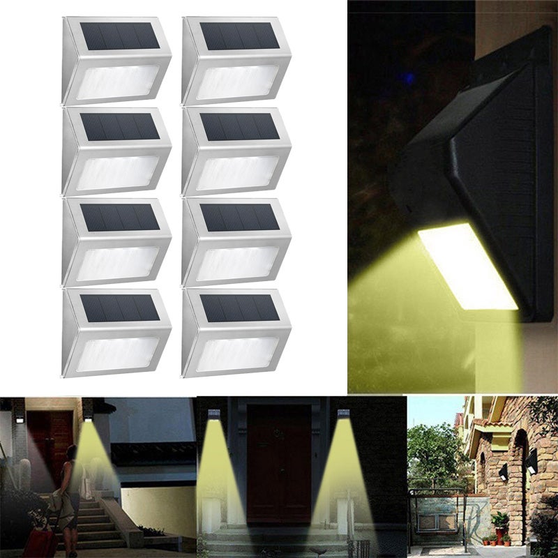 Zestaw 8 trójkątnych lamp solarnych na ścianę zewnętrznych, dekoracyjne oświetlenie, stal nierdzewna [3 LED ciepłe światło]