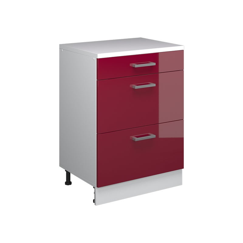 Vicco Kuchenna szafka pod skos R-Line, Czerwony połysk, 60 cm bez skosu z 3 szufladami