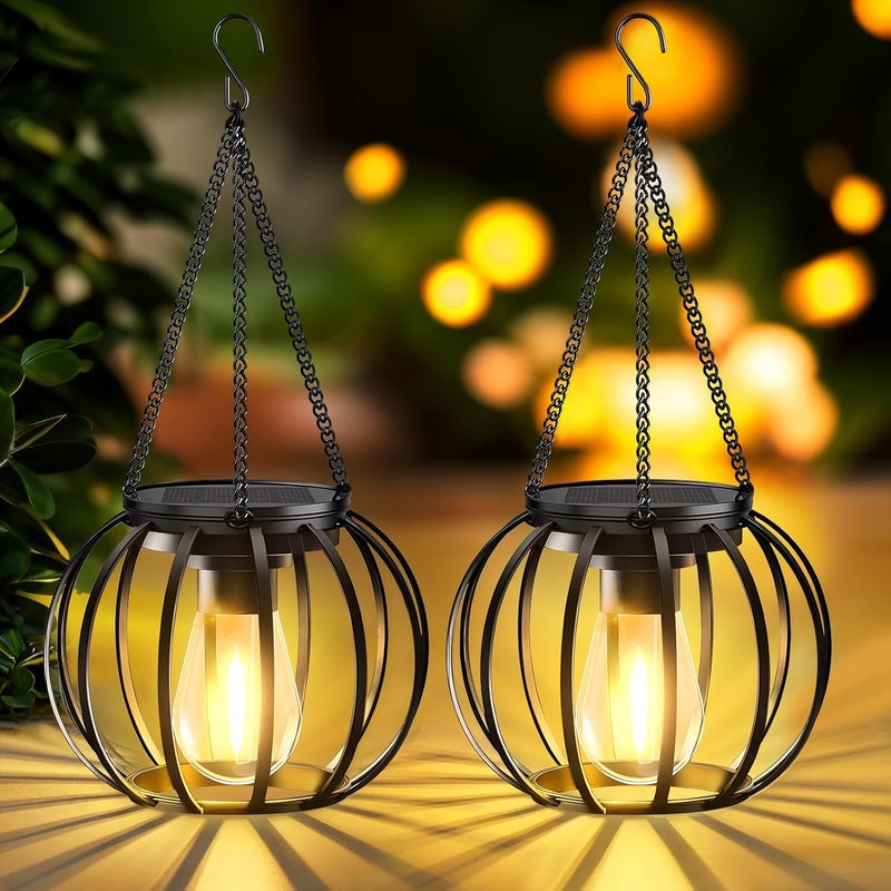 2 Sztuki Lampy Solarnej Zewnętrznej do Ogrodu, z Hakami i Łańcuchami, Wodoodporne na Taras, Trawnik, Balkon, Dziedziniec, Dekoracja Ogrodu