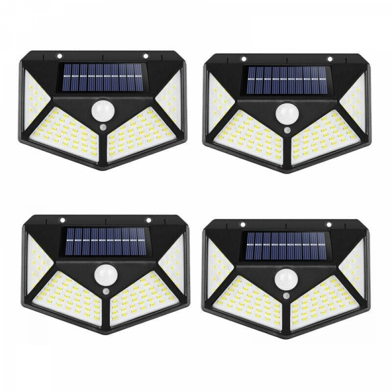 Zestaw 4 zewnętrznych lamp solarnych, kąt promienia 270°, z czujnikiem ruchu, wodoodporne IP65, odpowiednie do ogrodu.