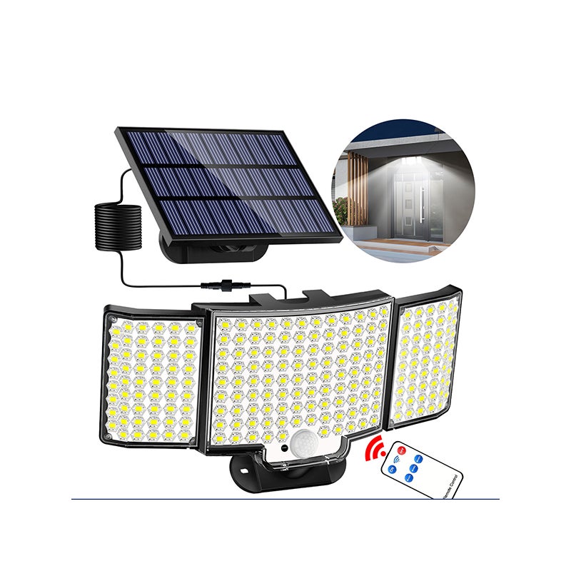 Projector Solaire Extérieur 212 LED - Biała światłość - Szeroki kąt 270° - 3 tryby za pomocą pilota - Czujnik ruchu - Kabel 5m - Do garażu