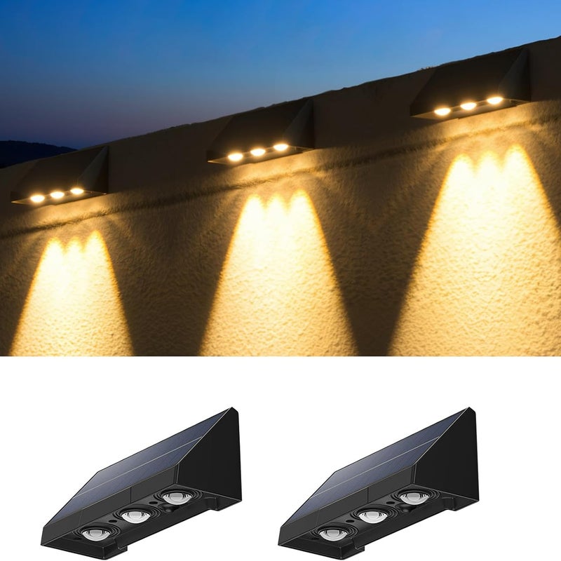 Zestaw 2 zewnętrznych lamp solarnych, wodoodpornych IP65, ciepłe białe światło, automatyczne włączanie/wyłączanie, odpowiednie na patio i ogrodzenia.