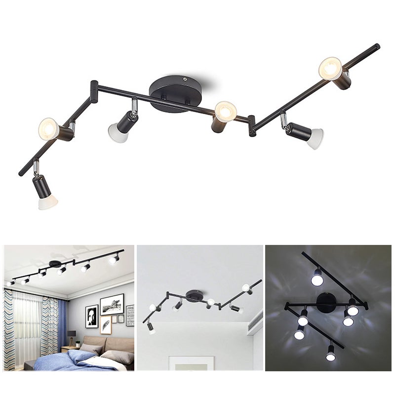 Spot sufitowy LED, plafon z 6 żarówkami, plafon z obrotową głowicą, nowoczesny spot sufitowy, żyrandol, ciepłe światło (GU10)