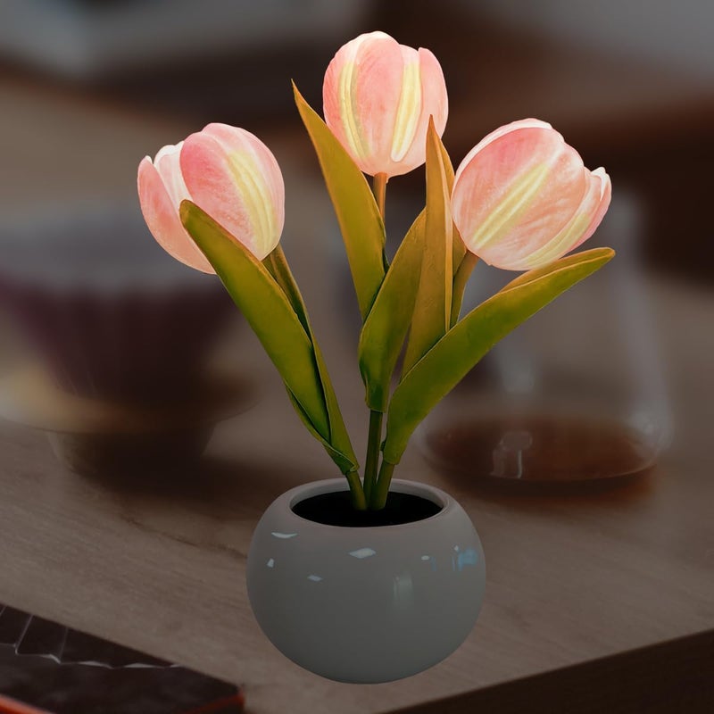 Lampka nocna Tulip z ceramicznym wazonem, lampa stołowa LED, lampa stołowa ze sztucznymi kwiatami na wesele w salonie rodzinnym (różowa)
