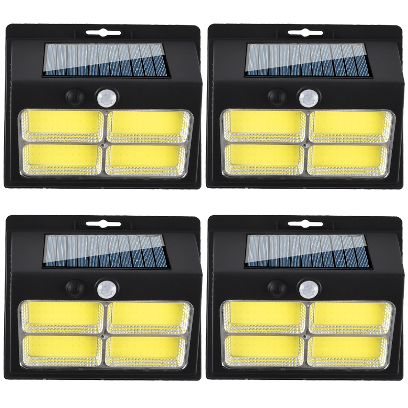 Zestaw 4 lamp solarnych zewnętrznych z czujnikiem ruchu, solarne lampy bezpieczeństwa na ścianę w 3 trybach, 120 COB