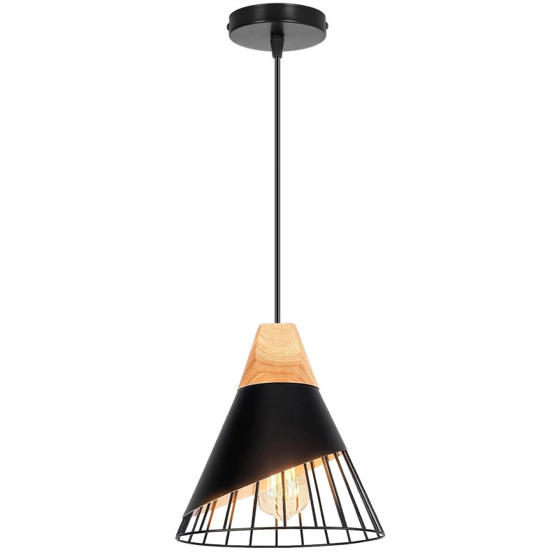 Nowoczesny retro żyrandol, industrialna lampa sufitowa z drewna, cylindryczny żyrandol z klatką z żelaza, ciepłe białe światło 3000K (czarny)