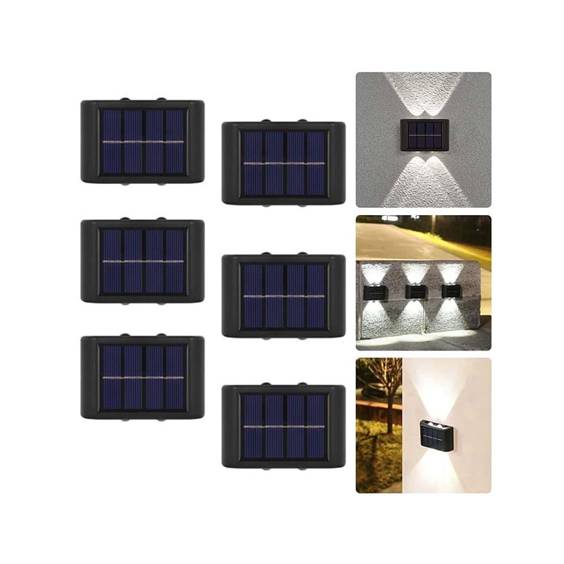 Zestaw 6 lamp solarnych ściennych - 4 LED, oświetlenie schodów, oświetlenie ogrodu, projektor Up/Down, białe światło, wodoodporne.