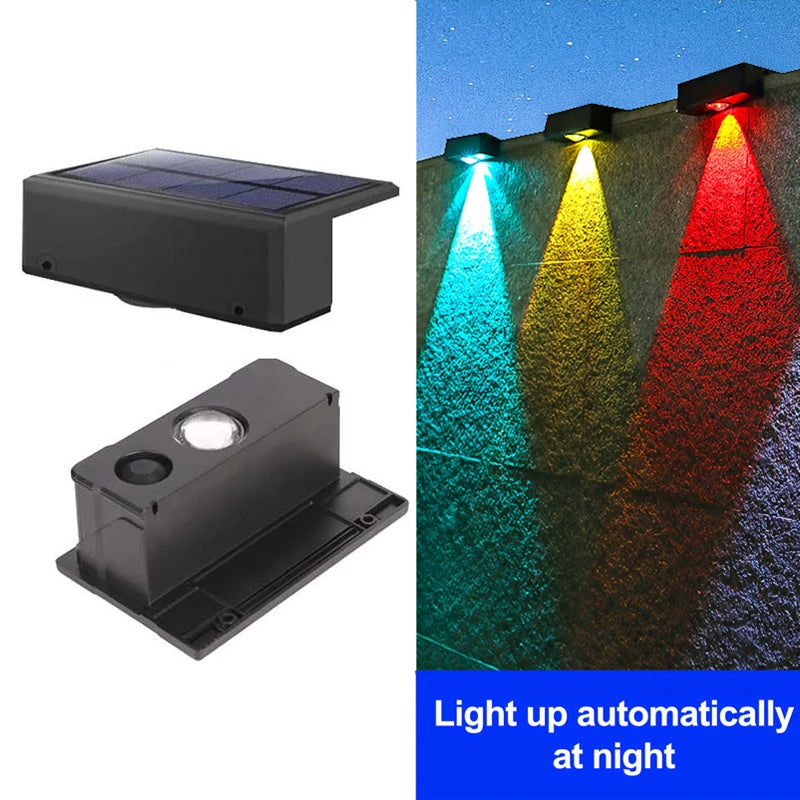 Słoneczne lampy tarasowe na zewnątrz, zestaw 2 lamp solarnych do ogrodzenia, lampy ścienne solarne, wodoodporne, RGB + ciepła biel