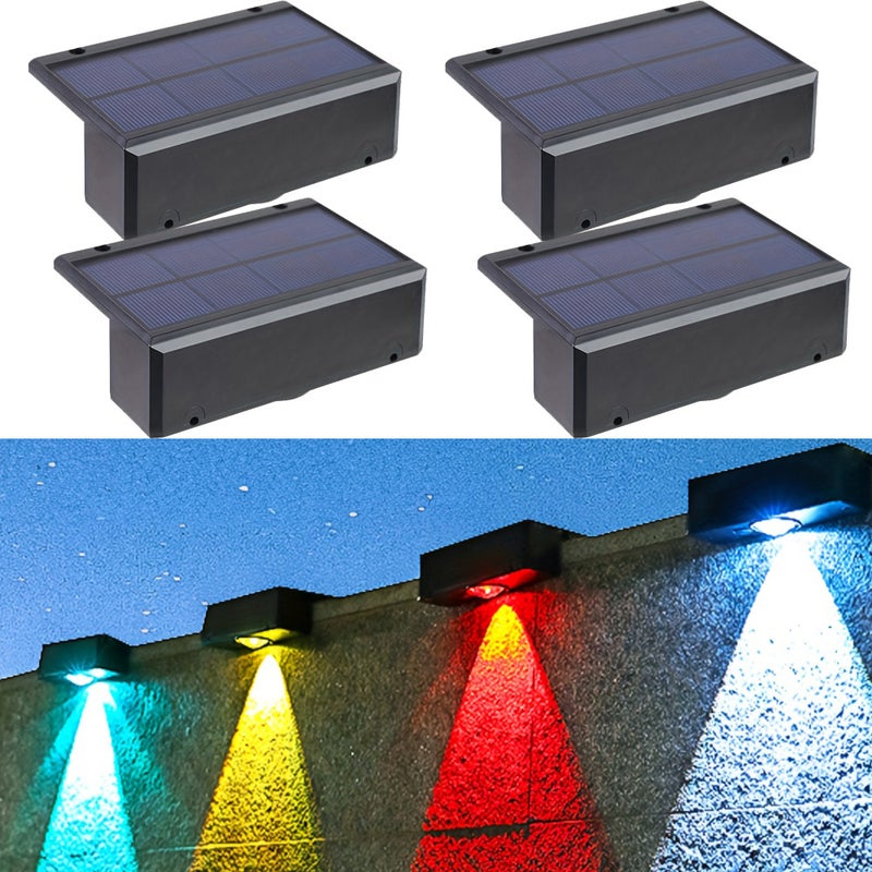 Zestaw 4 ultra jasnych lamp solarnych do montażu na ścianie, wodoodporne lampy słoneczne z automatycznym włączaniem/wyłączaniem, RGB + ciepła biel