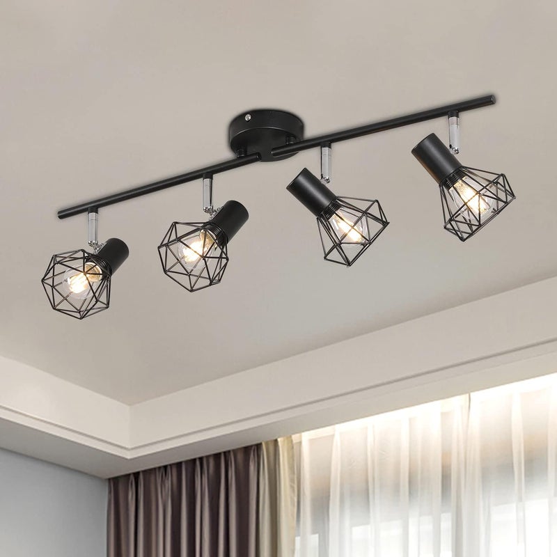 Plafoniera z 4 obrotowymi reflektorami w stylu retro, metalowa w kolorze czarnym, idealna do kuchni, korytarza, salonu