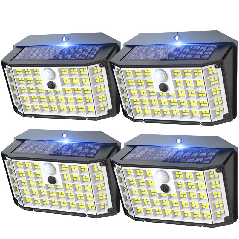 Zewnętrzne lampy solarne, zestaw 4 sztuk, 176 LED z czujnikiem ruchu, wodoodporne kinkiety IP65, 3 tryby (zimne światło)