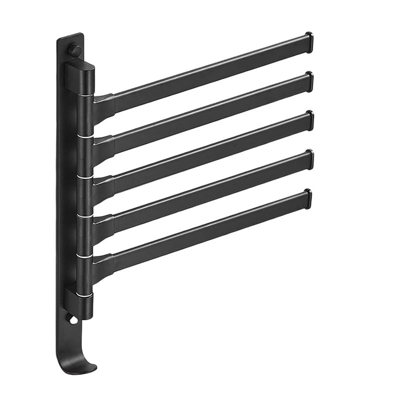 Obrotowy wieszak na ręczniki z hakiem, ścienny, obracający się o 180°, wieszak na ręczniki z aluminium, czarny (5 ramion)