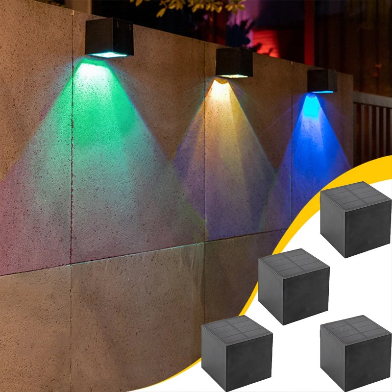 4 sztuki lamp ściennych do oświetlenia zewnętrznego, nowoczesne kwadratowe solarne światła ogrodowe, ciepłe/colorowe światło