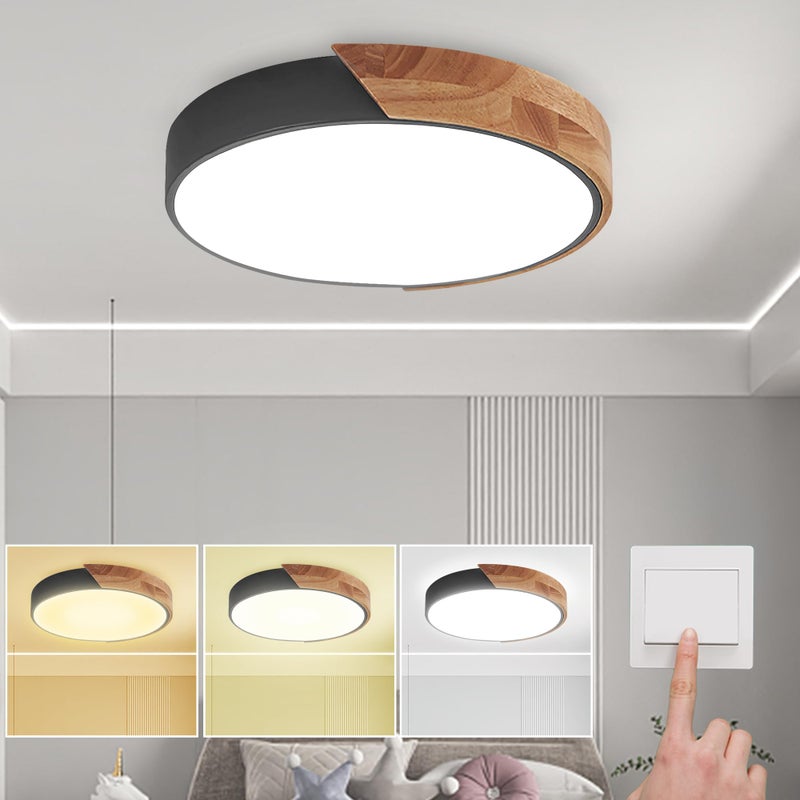 Rond plafon 25W, plafon LED z drewnem o regulowanej jasności, temperatura barwowa 3000 K - 6500 K, odpowiedni do sypialni, korytarza, balkonu.
