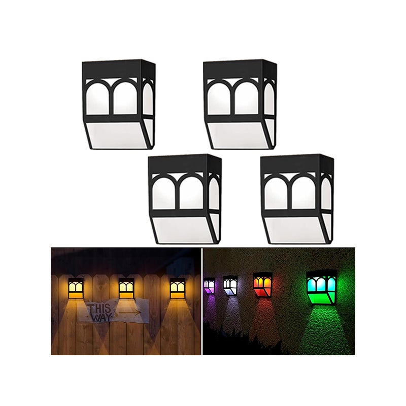 Zewnętrzna lampa słoneczna LED, 4 sztuki, lampka ścienna solarna do ogrodzenia, ciepłe światło + światło kolorowe