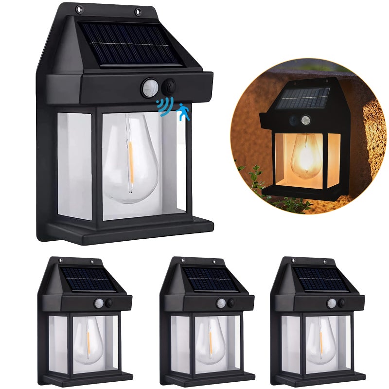 Zestaw 4 zewnętrznych lamp solarnych na ścianę, bezprzewodowe oświetlenie od zmierzchu do świtu do użycia na werandzie z 3 trybami i czujnikiem ruchu