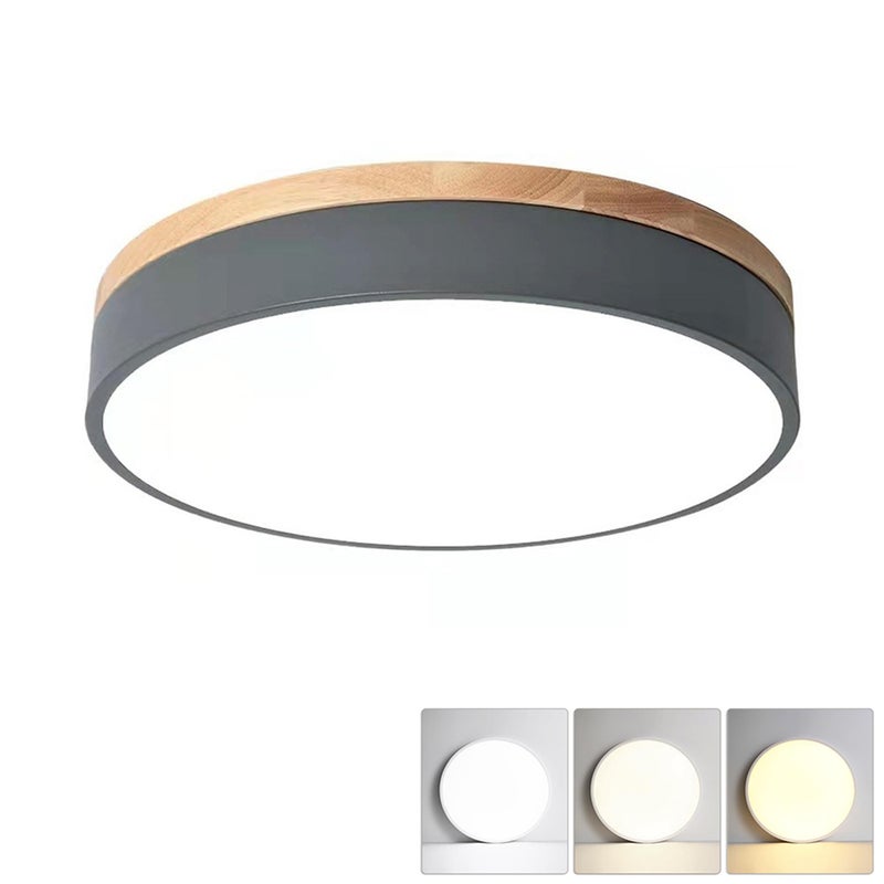 Lampa sufitowa LED, nowoczesna okrągła lampa drewniana 24 W, 3 temperatury barwowe, do salonu, sypialni, kuchni, korytarza, jadalni, 30 cm, szara