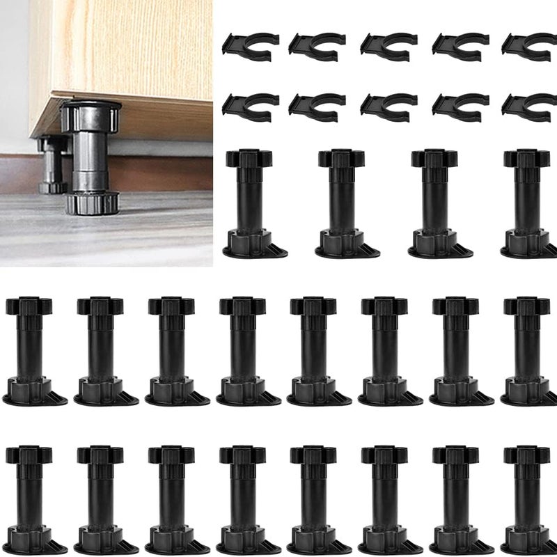 Zestaw 20 regulowanych nóg meblowych, 100-120MM, nogi do mebli czarnych, nogi meblowe z plastiku z 10 klipsami do listwy, regulowane nogi stołu.
