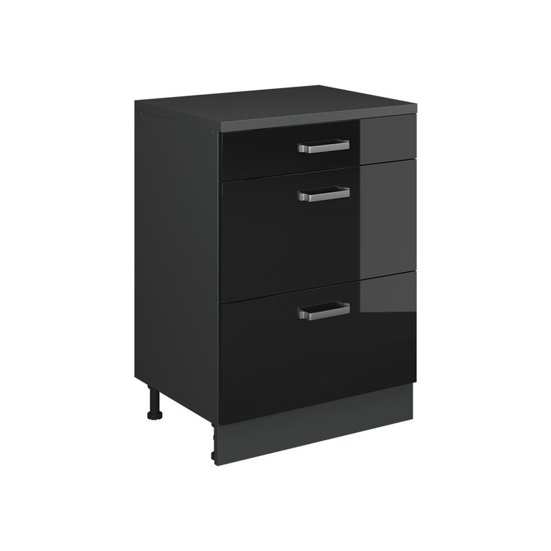 Vicco Kuchenna szafka pod skos R-Line, Czarny połysk, 60 cm bez skosu z 3 szufladami
