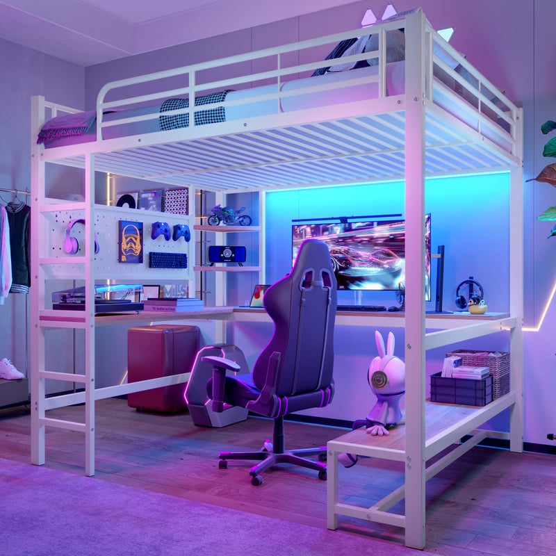 Łóżko Piętrowe 140x200cm, Metalowa Rama i Płyta MDF, Z Biurkiem, Półkami, LED, Gniazdem USB-C, Białe – Bez Materaca