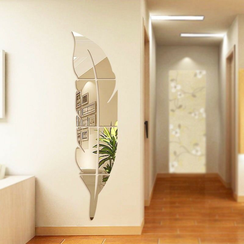 Dekoracyjne lusterko 3D w kształcie pióra - Odpowiednie do salonu, sypialni, łazienki, farmy itp. (Srebrne) - 73 x 18 cm