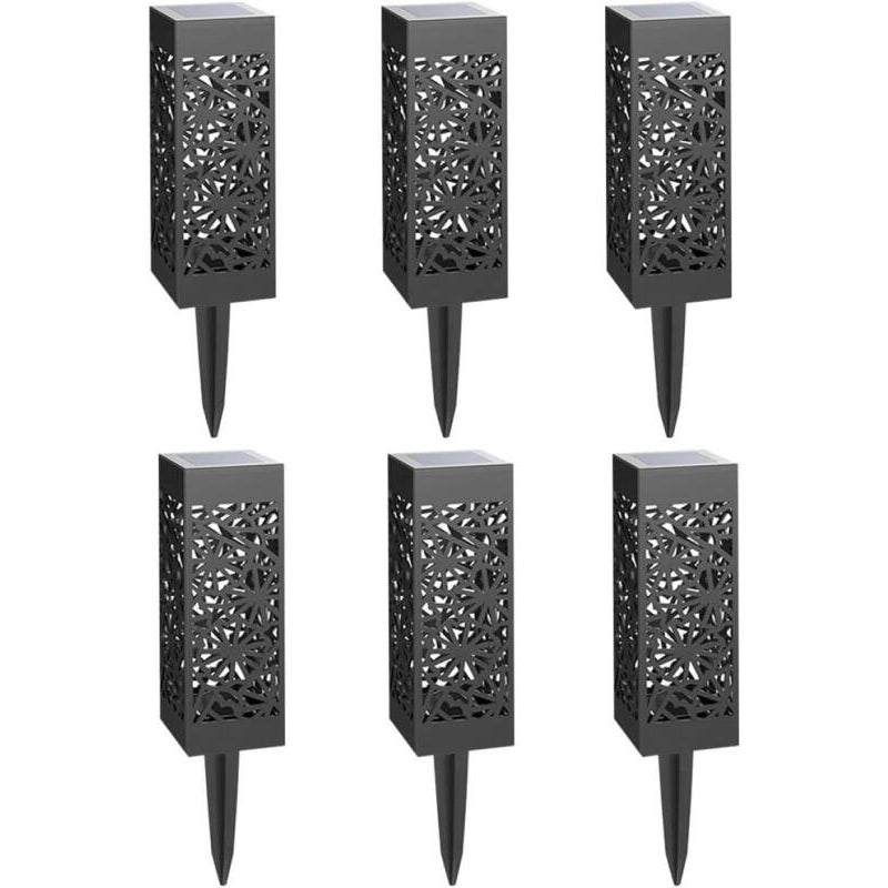 Zestaw 6 lamp solarnych zewnętrznych – wykonanych z tworzywa sztucznego – z białymi diodami LED – o wymiarach 6x6x29 cm, z gniazdem uziemiającym.