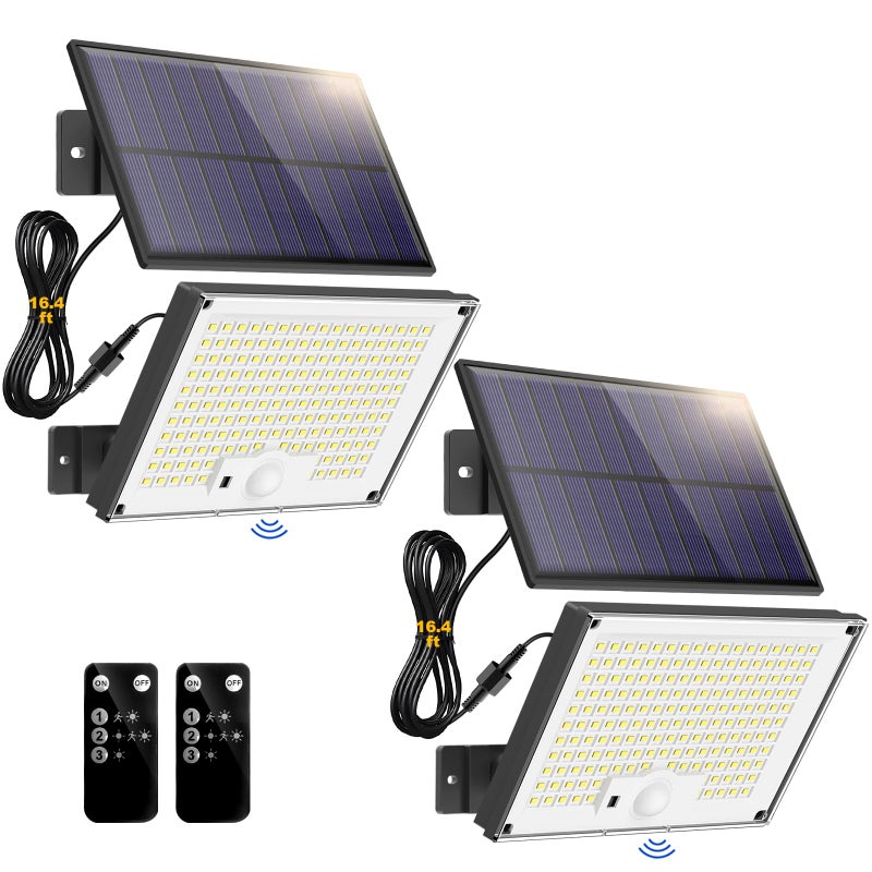 Zestaw 2 lamp solarnych z czujnikiem ruchu, reflektor słoneczny 172LED z pilotem, wodoszczelne oświetlenie solarne do zastosowania na zewnątrz