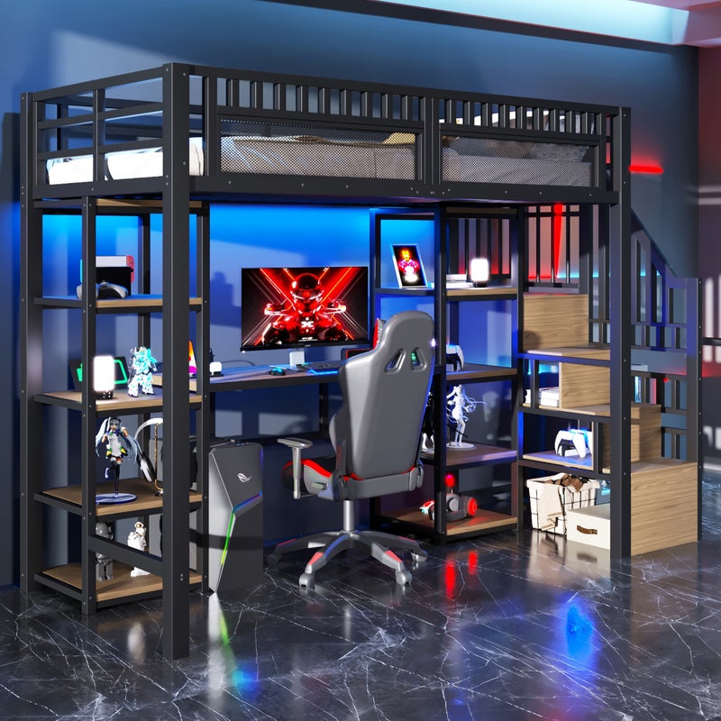 Łóżko Piętrowe 90x200 cm Czarne z Biurkiem, Schowkiem, Drabinką, LED i USB, Metalowa Rama