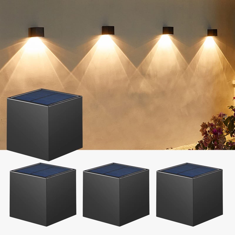 Zewnętrzne lampy solarne na ścianę, proste kwadratowe lampy ścienne, światło ciepłe/białe, 4 sztuki