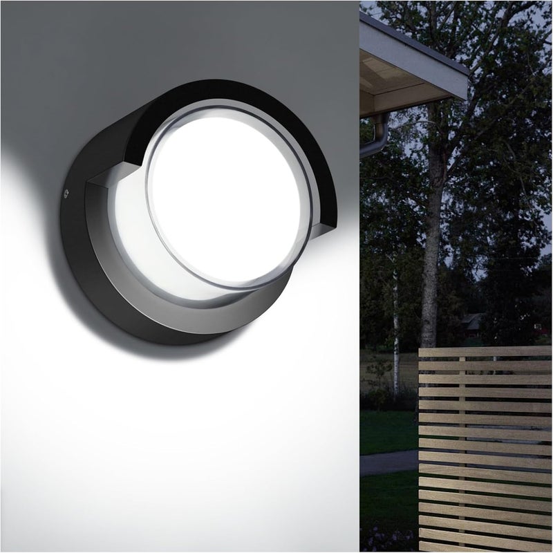 Lampa ścienna LED 12 W, wodoodporna i antyrdzewna, światło dzienne 6000 K, matowa czerń, nowoczesna, okrągły klosz do wejścia, ganku, domu.