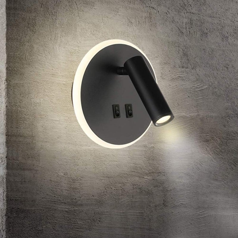 Lampki nocne LED Lampa ścienna do hotelu wnętrze Światła ścienne łóżka Lampa ścienna do korytarza z przełącznikiem Czarna 3W + 9W (Okrągła)