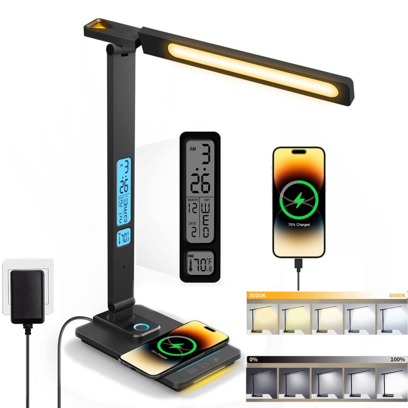 Lampa biurkowa LED z bezprzewodową ładowarką i portem USB, lampka stołowa z automatycznym timerem, lampka nocna z zegarem
