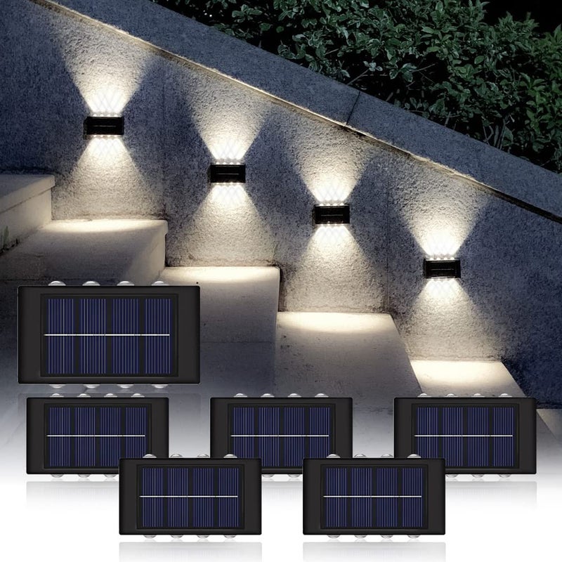 Zewnętrzna lampa ścienna solarna z 8 diodami LED, wodoodporna IP65, do tarasu, ogrodu, garażu, basenu – Światło białe 6500 K (zestaw 6 sztuk)